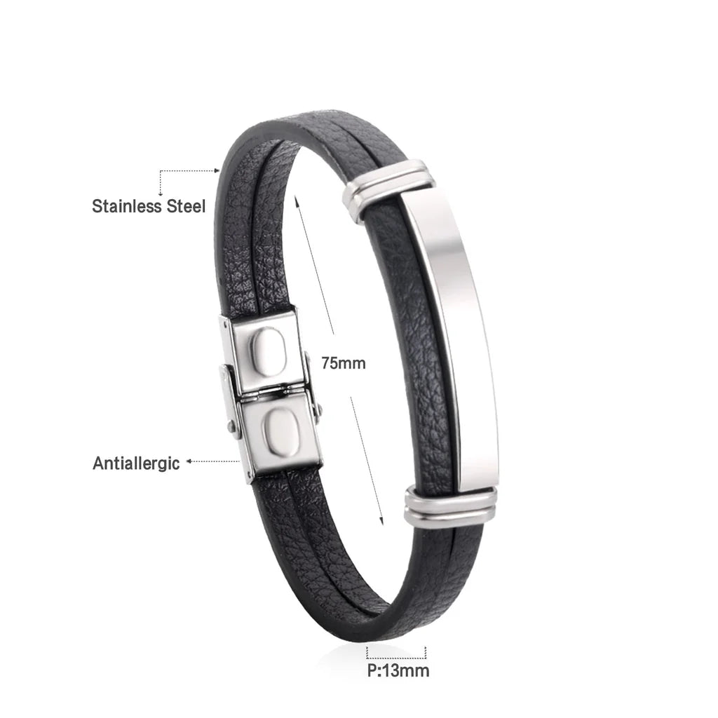 Black leather bracelet for men