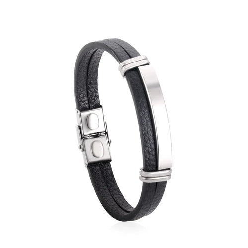 Black leather bracelet for men