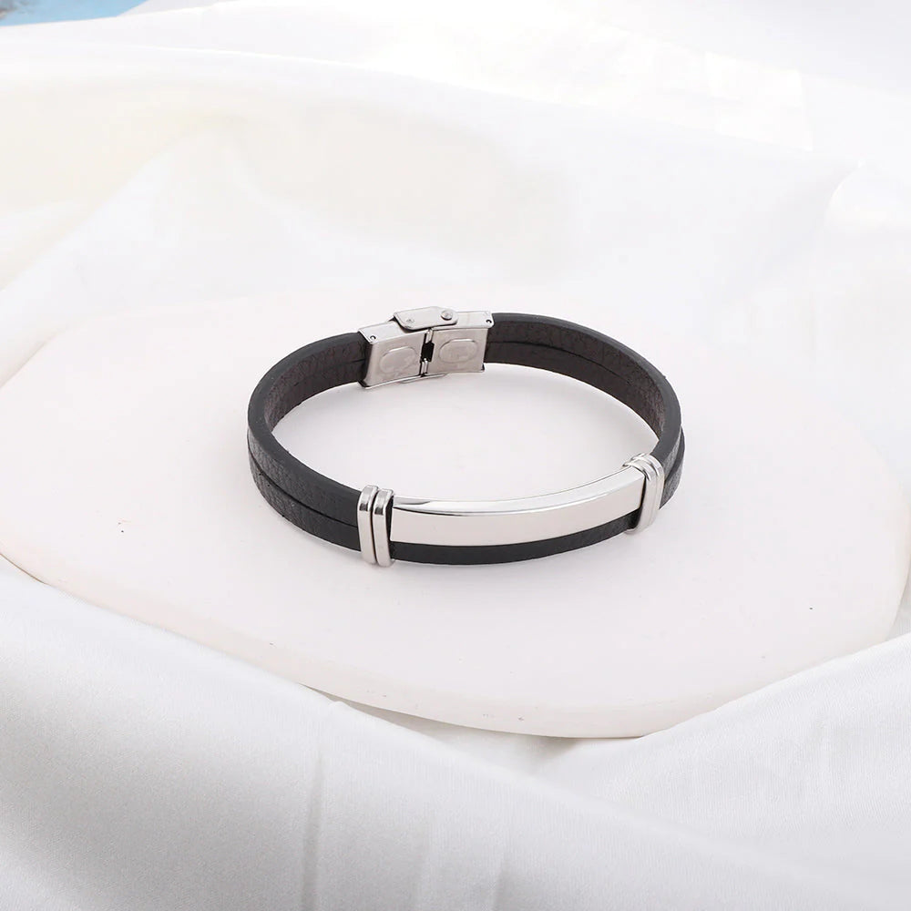 Black leather bracelet for men