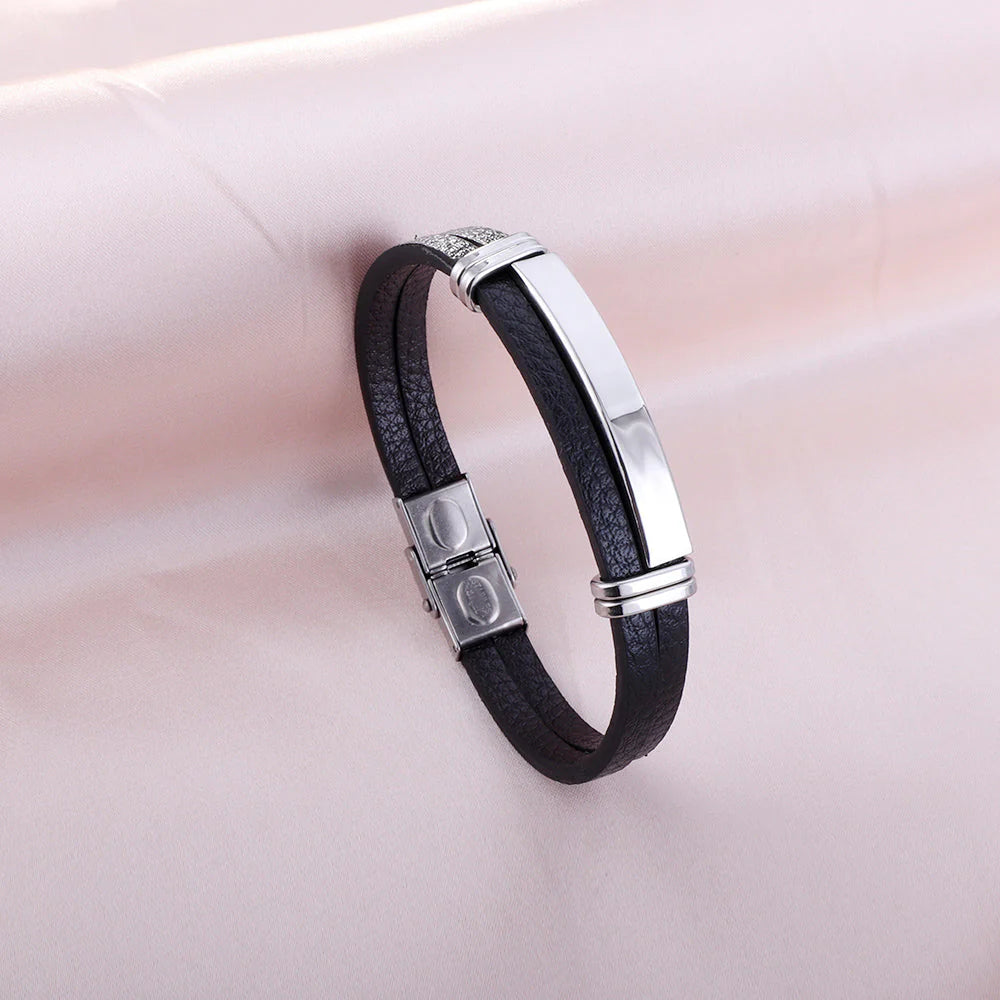 Black leather bracelet for men